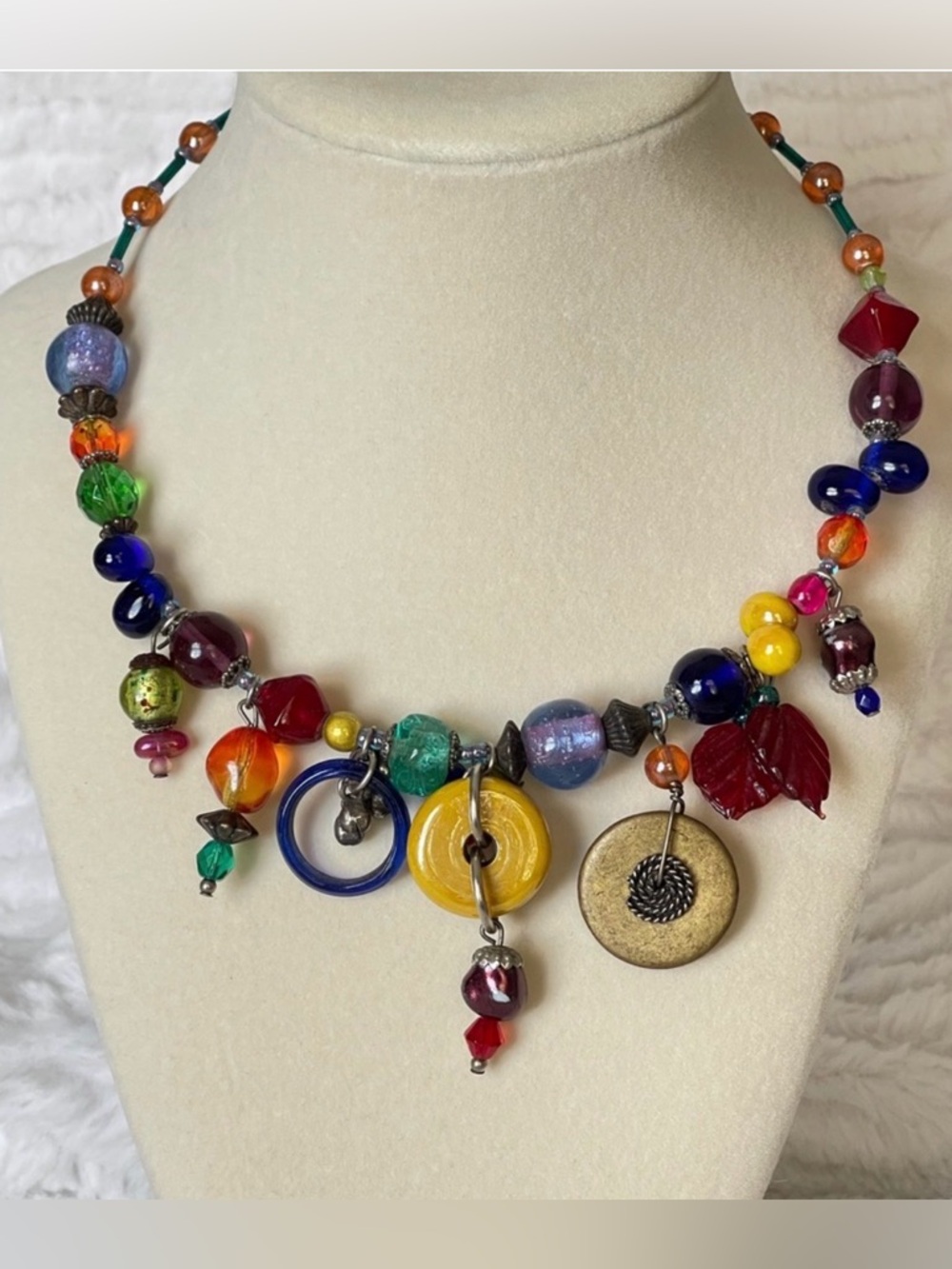 Signed Treska Colorful Lampwork Glass Charm Statement Necklace Boho Artisan